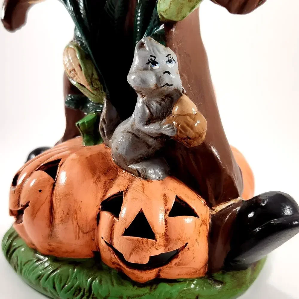 Vintage Ceramic Scarecrow & Pumpkin Luminary | 1970s/80s Halloween Decor